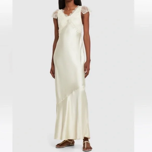WeWoreWhat | Dresses | Weworewhat Ecru Offwhite Silky Charmeuse Flutter Cap  Sleeve Lace Midi Slip Dress | Poshmark